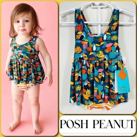 POSH PEANUT Rio Hawaiian Sleeveless Peplum Bummie 2pc Set - size 6-12 MONTHS - Picture 1 of 8